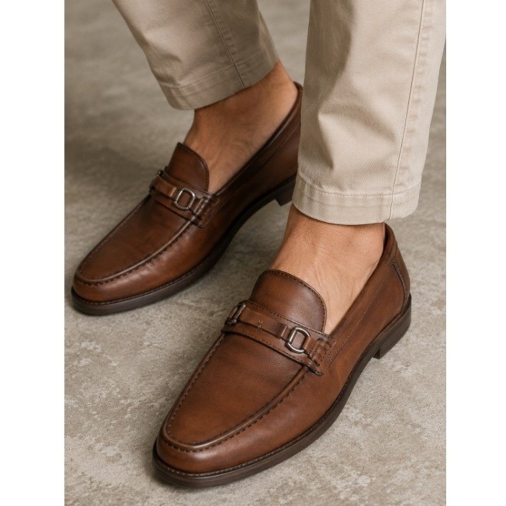 Santoni Men's Brown Tan‎ Leather Moc Toe Slip On Bit Loafers Size 10